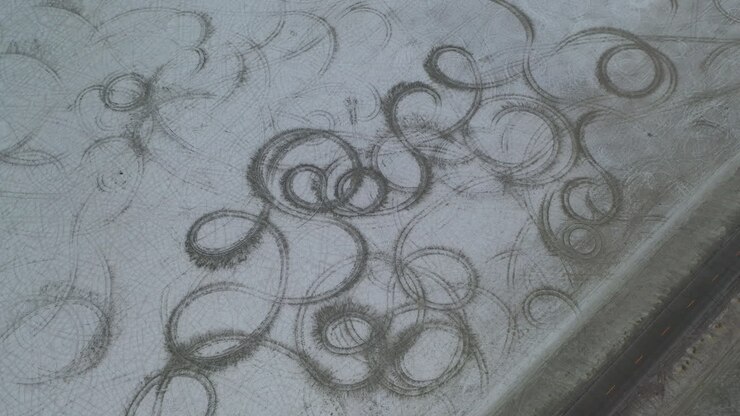 Aerial View of Car Trails on White Soil of Salt Flats by Road