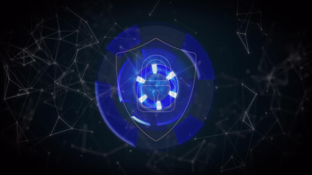 검은 바탕의 파란색 원 위에 디지털  ⁇ 락이 있는 방패의 애니메이션