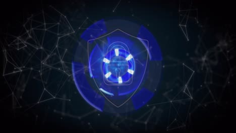 animation of shield with digital padlock over blue circle on black background