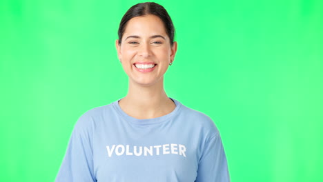 Volunteer,-face-and-happy-woman-on-green-screen