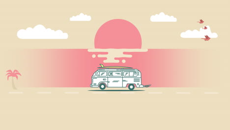 vintage holiday summer scenery with campervan during a road trip, palm trees, sun and clouds