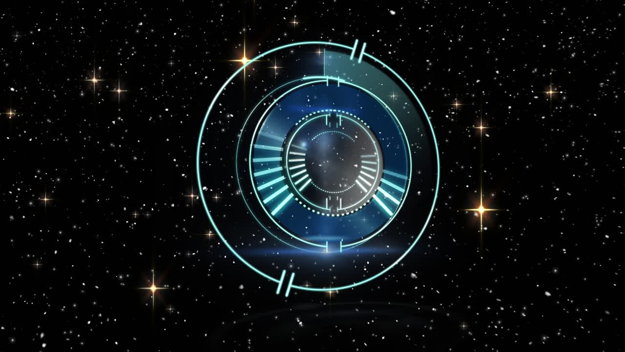 Animation of safe lock rotating over glowing stars on black background