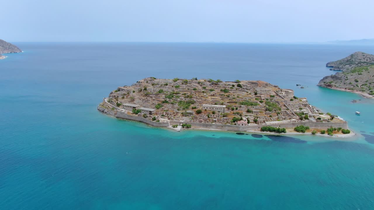 Mediterranean Spinalonga Island, Crete, Greece. Abandoned leper colony. Aerial