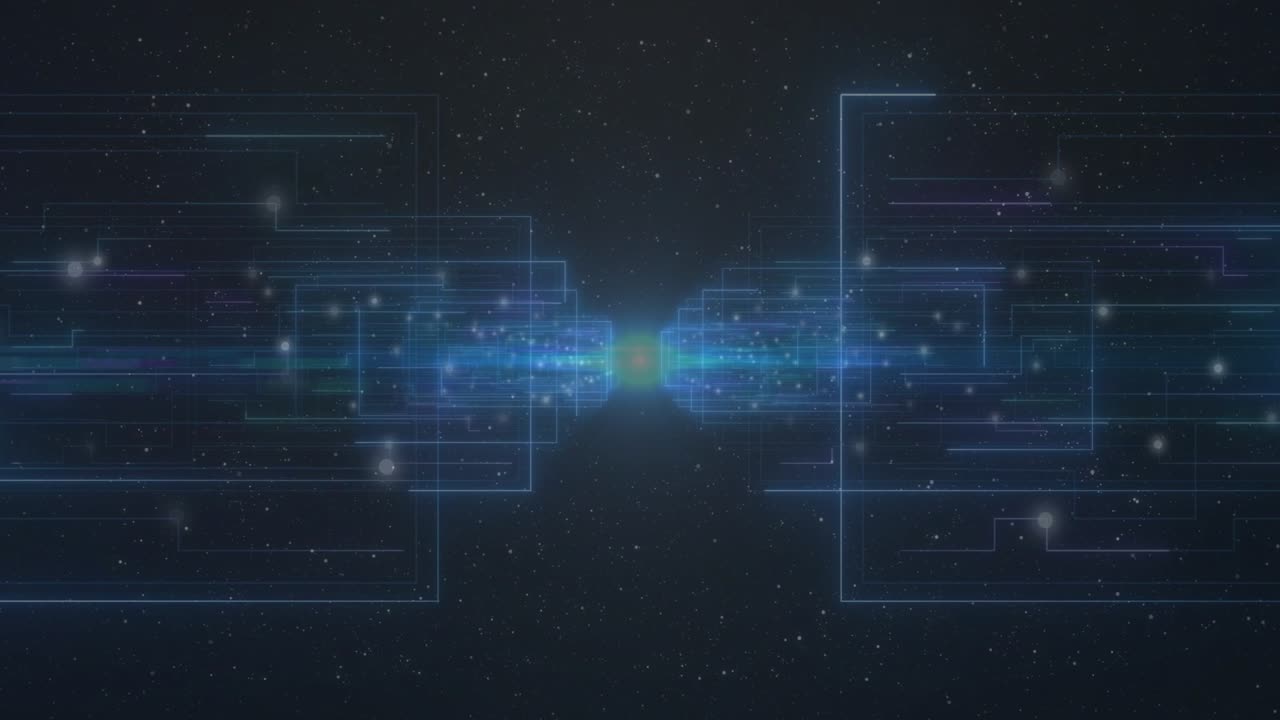 Paired neon clusters moving inward glowing after midline cyan spark forming connector linking nodes