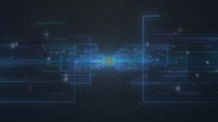 Paired neon clusters moving inward glowing after midline cyan spark forming connector linking nodes