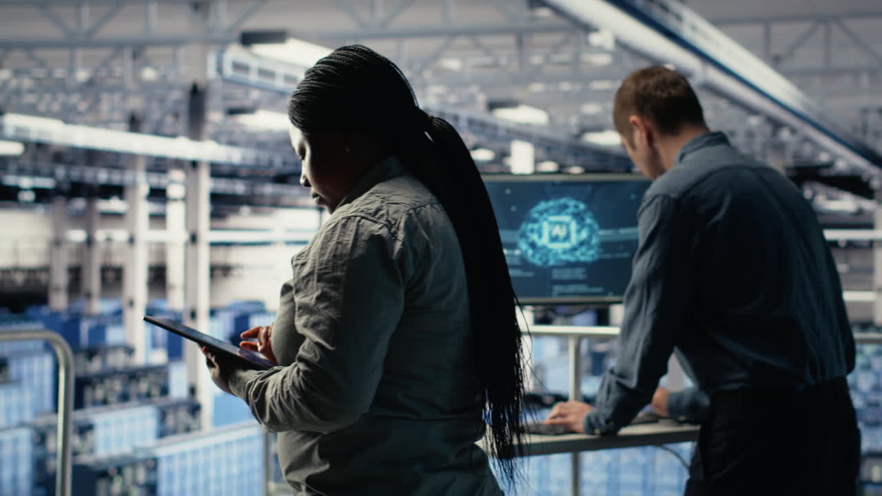 It Expert Monitors Server Farm Activity While Walking On Industrial Platform