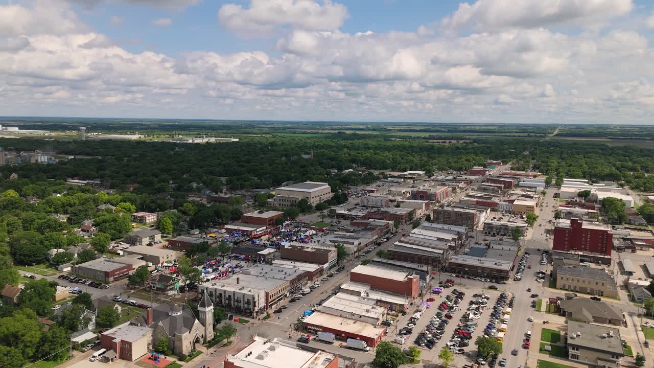 The Unbound Gravel Cycling Event Expo in Emporia Kansas, aerial shot showing the city.