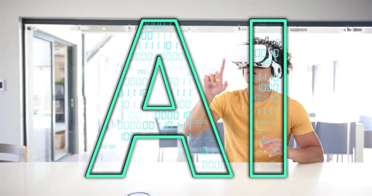 Uomo che indossa un visore VR, tocca, indica e alza il palmo per controllare un'interfaccia AI con sovrapposizione binaria