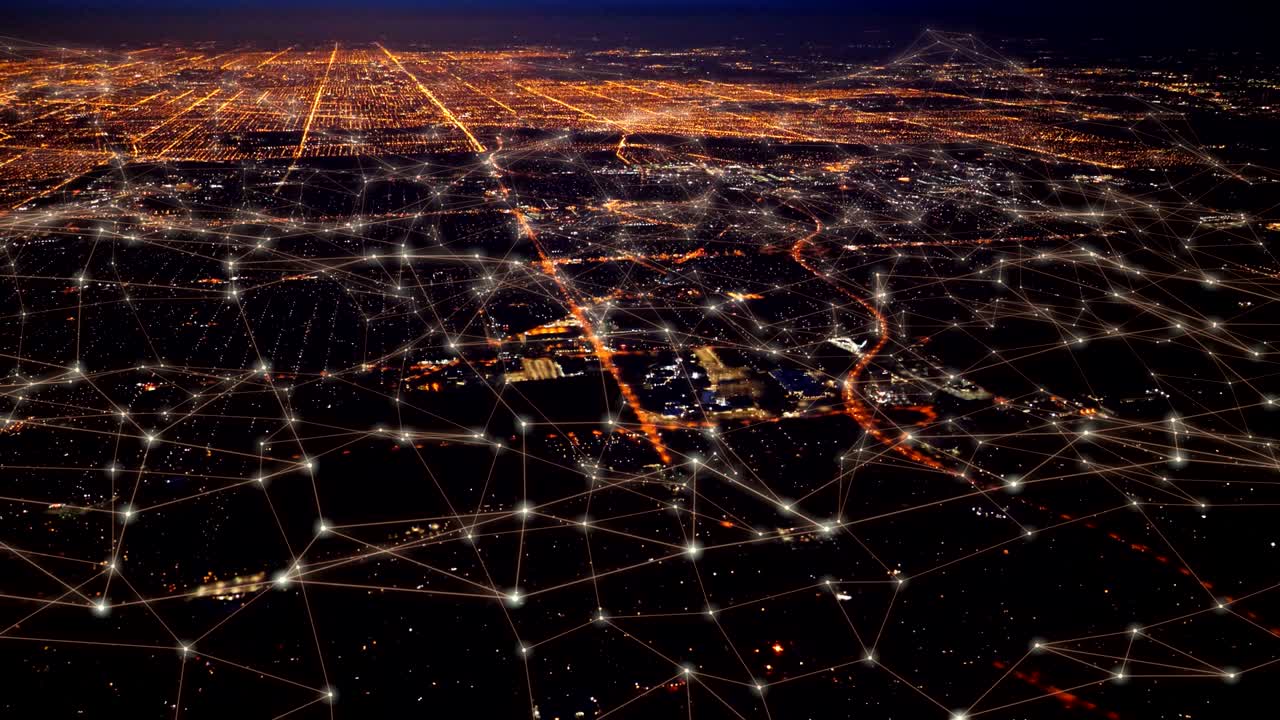 vista aérea de un distrito financiero futurista.