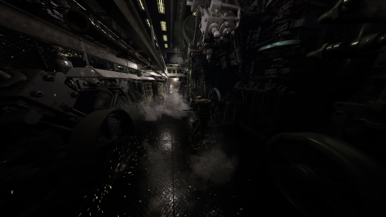 Dark industrial corridor filled with mist and machinery at night