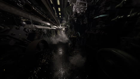 dark industrial corridor filled with mist and machinery at night