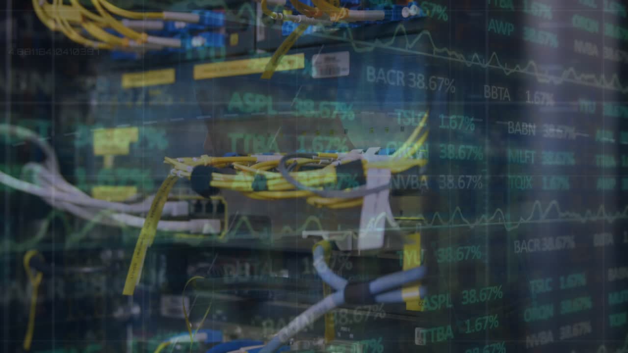 Animation of stock market data processing against close up of a computer server