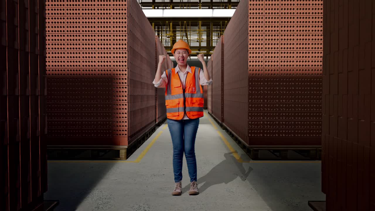 Full Body Of Asian Female Engineer With Safety Helmet Screaming Goal Celebrating Working With Red Brick Packed in Stacks Are Stored