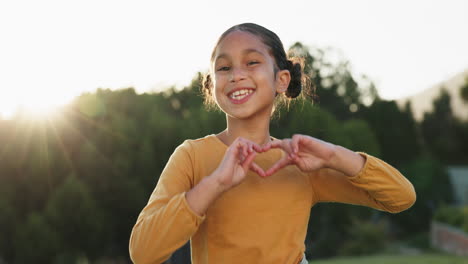 hands, sign for a heart and girl with smile