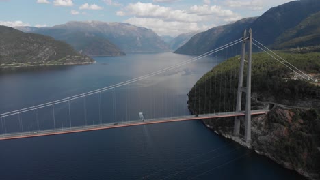 aerial: amazing hardanger bridge, suspension bridge in eidfjorden norway