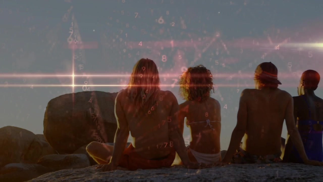 Group of Friends Watching Sunset with Digital Data and Light Overlay