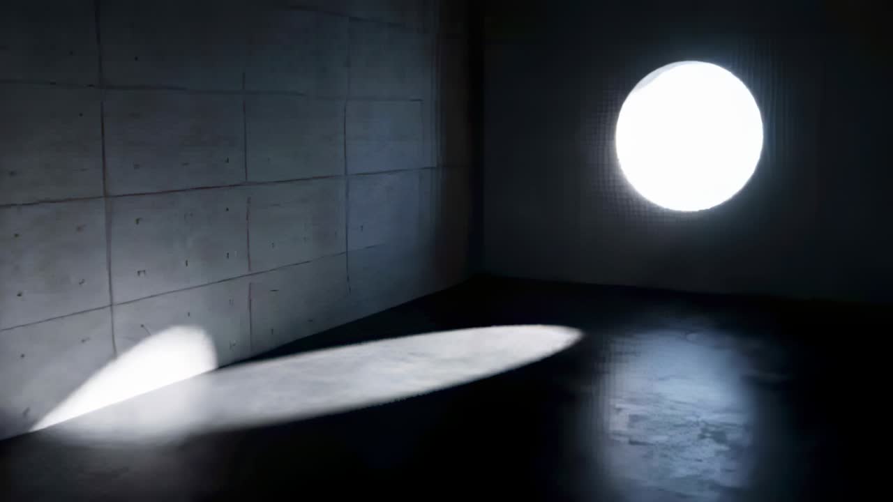 Shifting beam causing right wall light disc casting moving ellipse across room corner, copy space