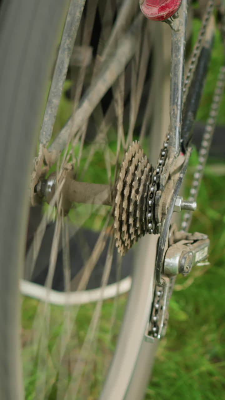 primer plano de alguien de pie al lado de una bicicleta estacionada en un campo de hierba, levantando suavemente el neumático trasero y pedaleando brevemente, haciendo que el neumático gire, luego lo deja caer en un terreno de hierba