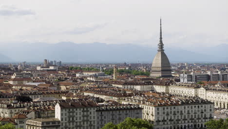 static shot from afar showing beautiful city skyline of turin italy on sunny day