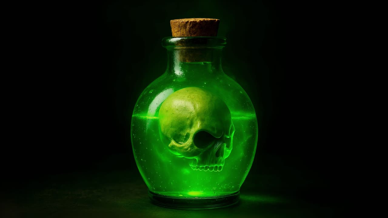 A green potion in a skull adorned glass bottle evokes a sense of wonder and curiosity