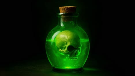 A green potion in a skull adorned glass bottle evokes a sense of wonder and curiosity
