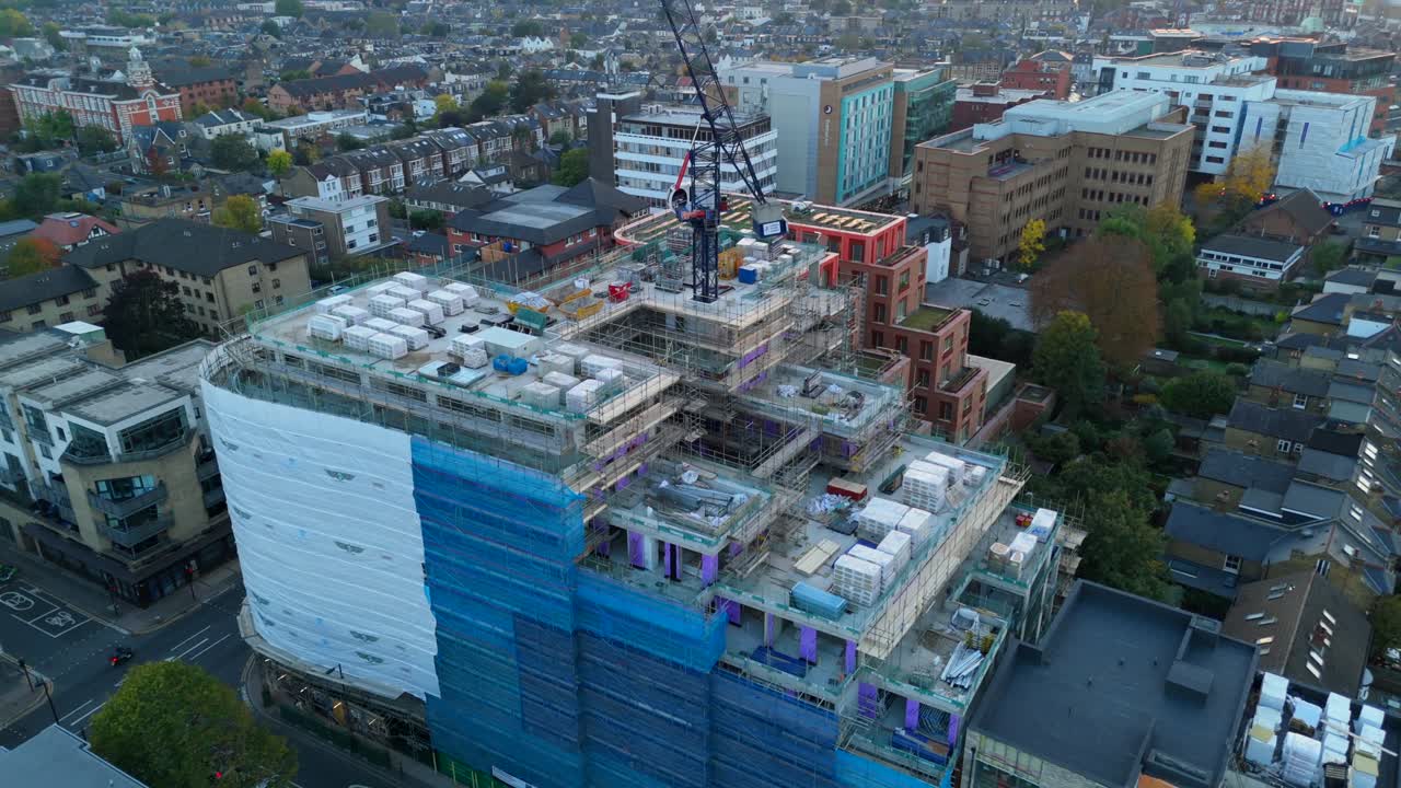 Drone orbit Wimbledon Place new apartments under construction, London