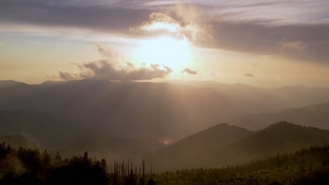 aerial push toward the sunset in the blue ridge mountains and appalachian mountain range