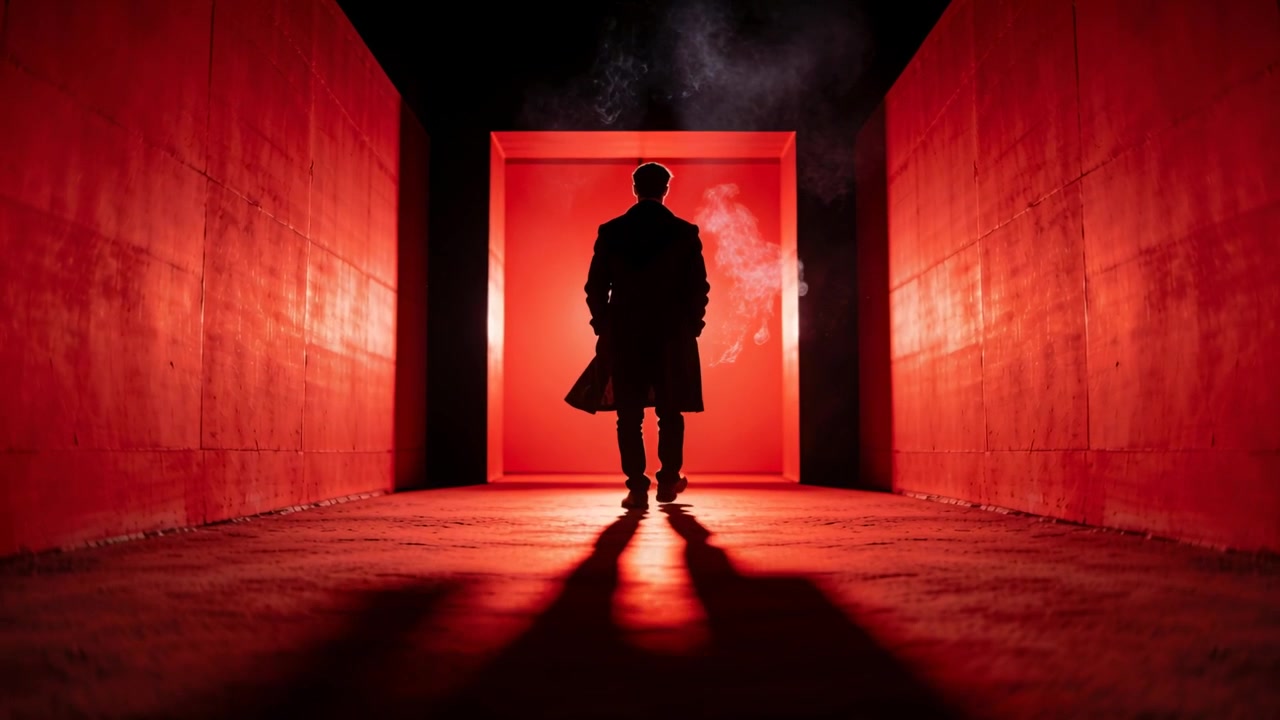 Homem caminhando com casaco longo, movendo-se em direção a um portal brilhante em corredor vermelho, com contraluz o destacando e fumaça.