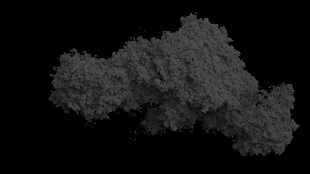 Explosion of explosive or shot out of a cannon weapon with a black swirling smoke. An explosion with black smoke on an isolated background with an alpha channel, an explosive explosion.