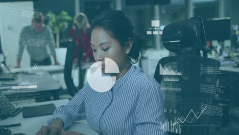 animation of financial data processing over biracial businesswoman in office