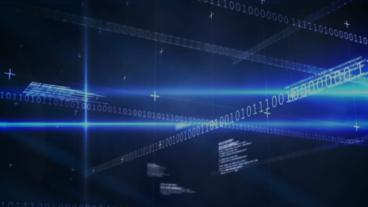 Animation of binary code and digital data streams forming network on dark background