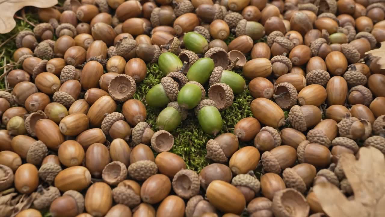 Primo piano di ghiande e foglie di quercia su un suolo forestale muschioso