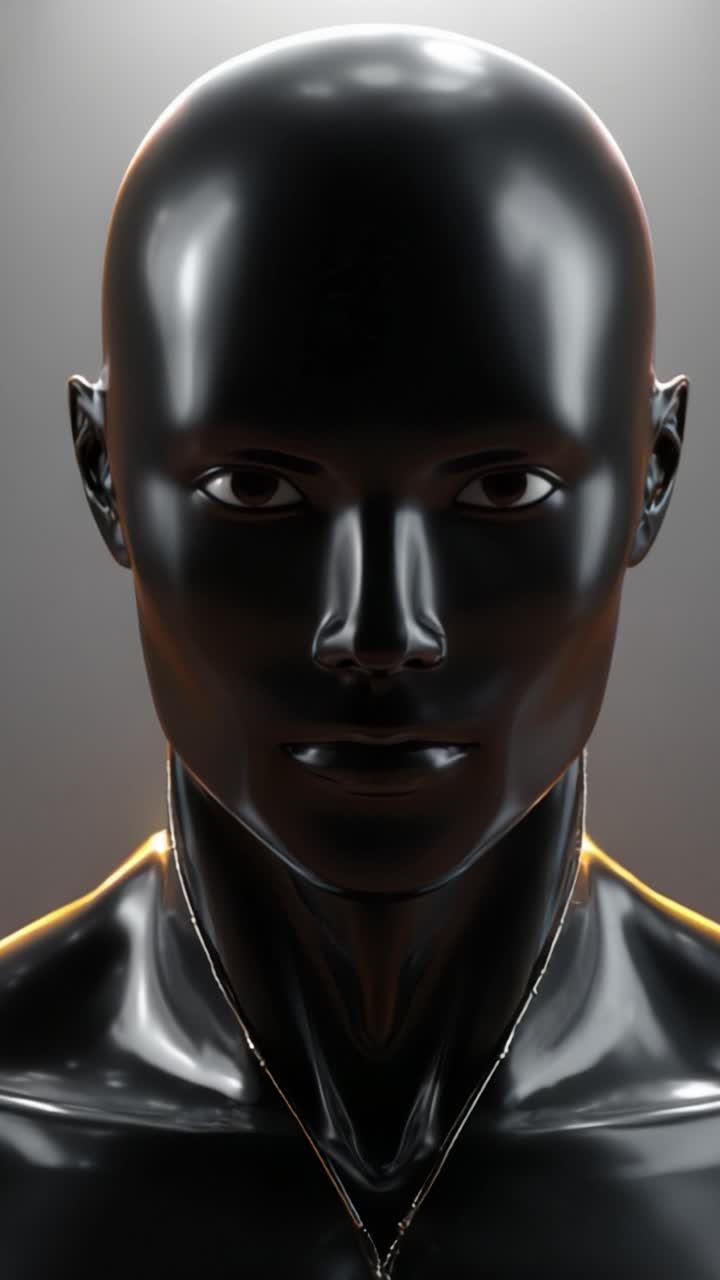 Un manichino nero altamente dettagliato e realistico con testa calva e superficie liscia, illuminato da una luce soffusa da dietro, ideale per esposizioni artistiche
