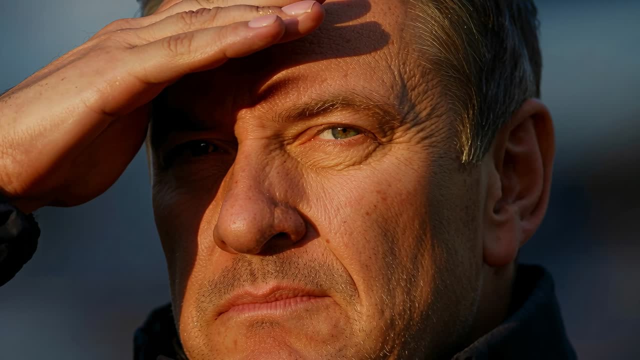 Shielding man lifting left hand outside squinting at low sun blocking glare with high collar jacket