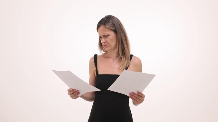 A concerned woman reading documents