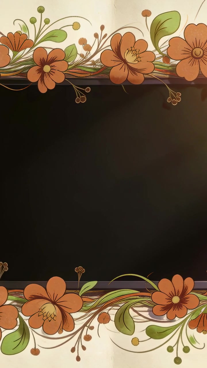 Vertical video: Slowly tilting camera showing black panel on cream wall at home, with floral border
