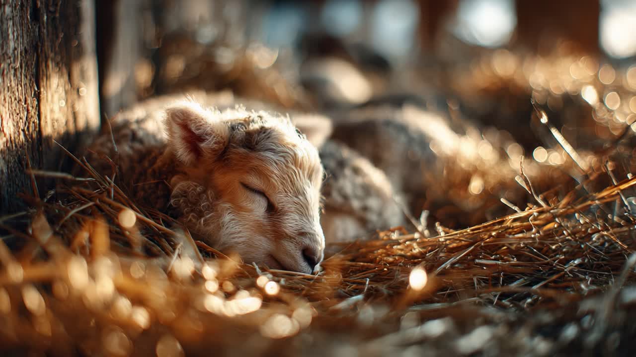 A Peaceful Lamb Resting Comfortably in a Bed of Straw, Bathed in Warm Light and Rustic Atmosphere, Capturing the Serenity of Farm Life