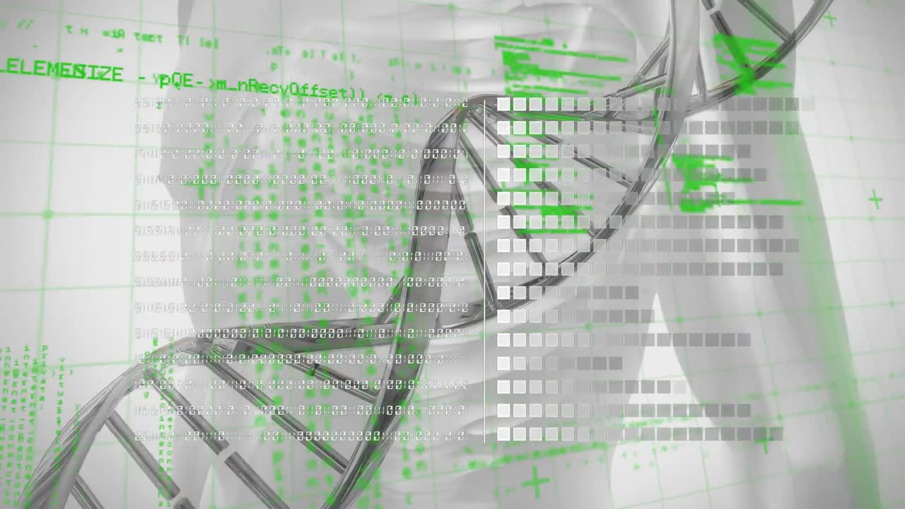 animación de la cadena de adn y procesamiento de datos en movimiento sobre vasos con líquido