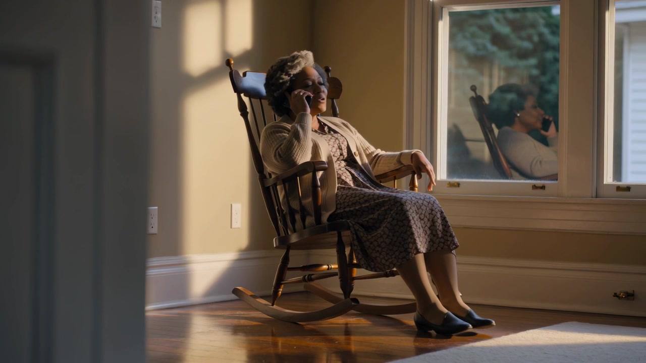 Sitting woman in cardigan holding phone in rocking chair by window as camera opening door, speaking