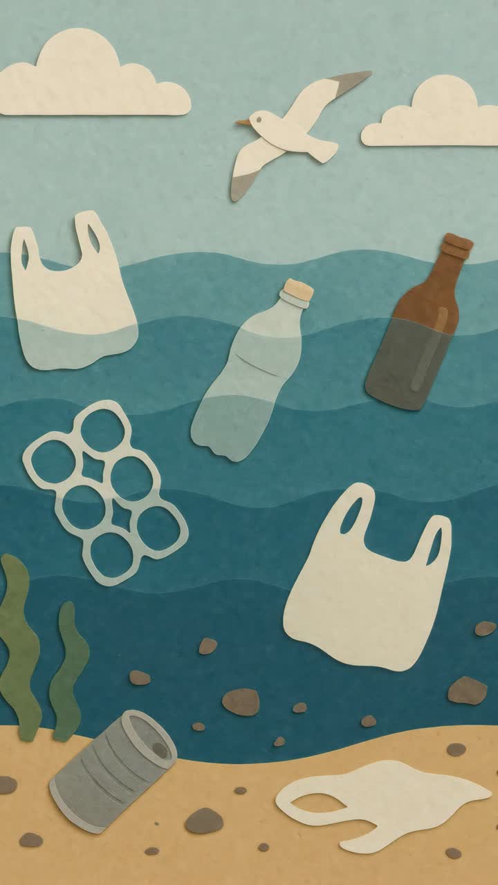 Aerial view of ocean pollution concept in paper cut style, featuring plastic waste and sea life