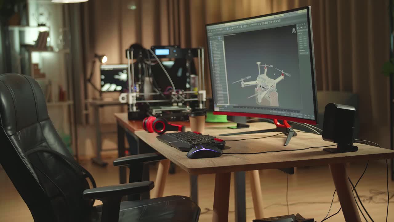 Personal Computer And 3D Printer, Screen Shows Cad Software With 3D Prototype Of Drone Delivery In Office