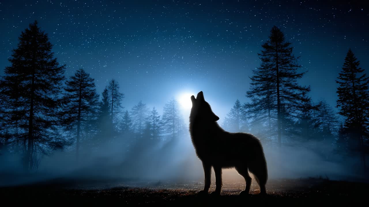 A Majestic Wolf Howling at the Bright Moon Under a Starry Night Sky Surrounded by Tall Pines in a Mysterious, Dreamlike Forest Landscape
