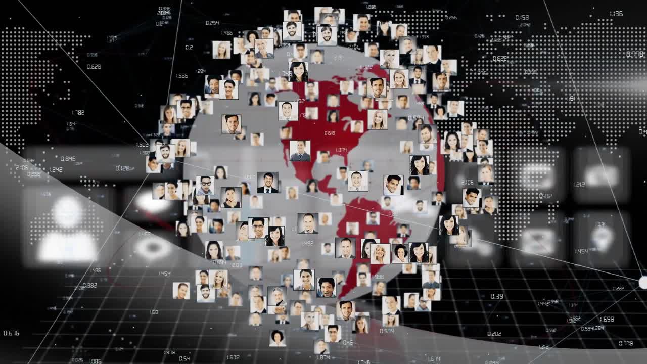 전 세계에 있는 디지털 아이콘과 사람들의 사진으로 연결된 네트워크의 애니메이션