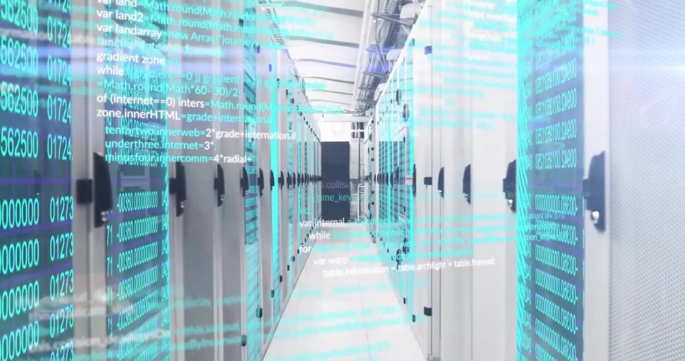 Camera moving down server racks sparking cyan code streams flowing visualizing real time data