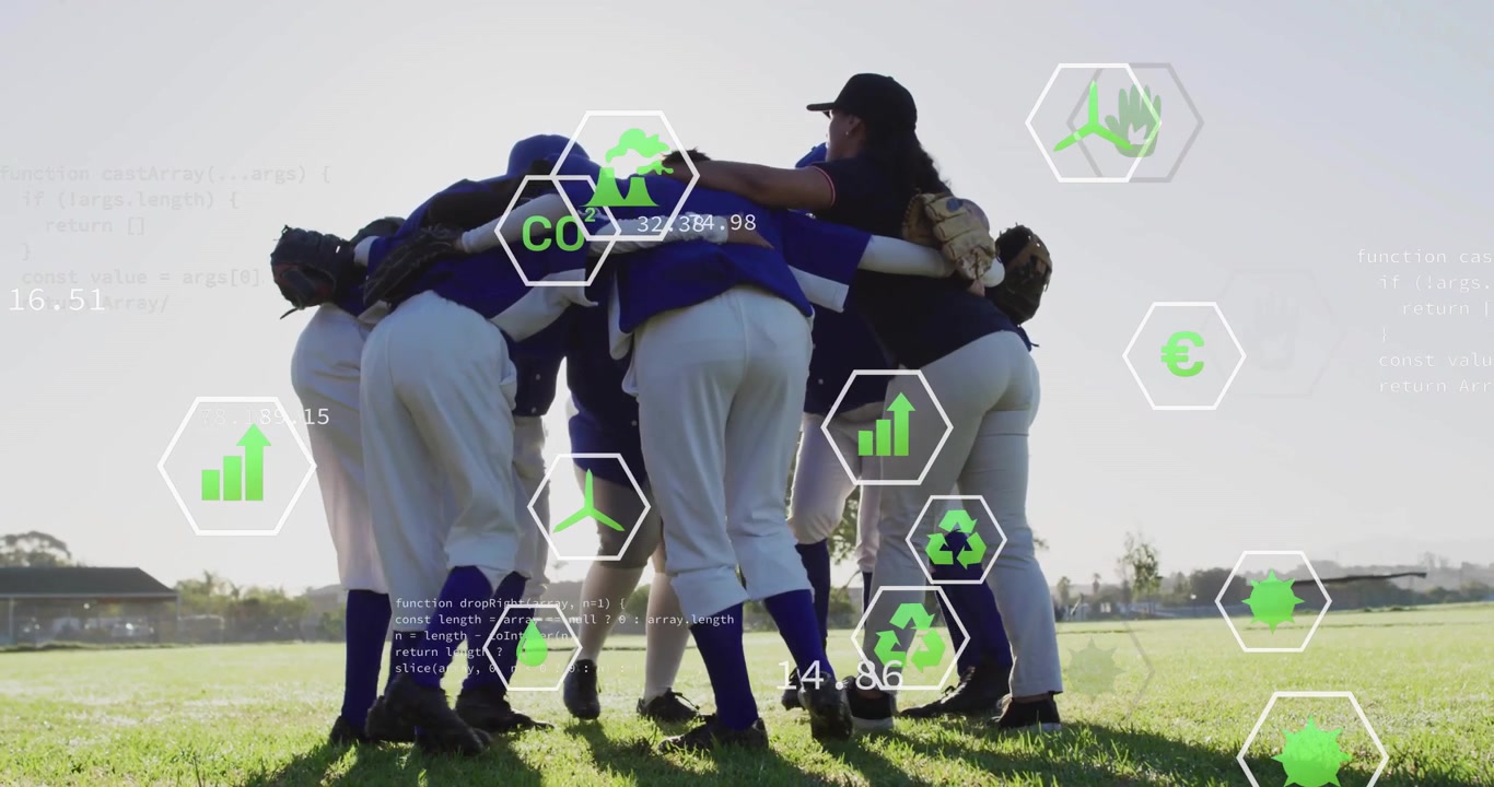 Seven women's baseball team starting pregame prep forming huddle under sun syncing green data icons