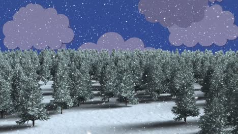 Snow-falling-over-multiple-trees-on-winter-landscape-against-clouds-icons-on-blue-background
