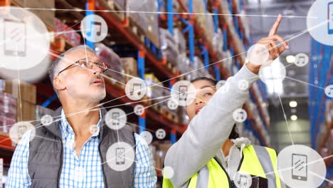 animation of networks of connections with icons over people working in warehouse