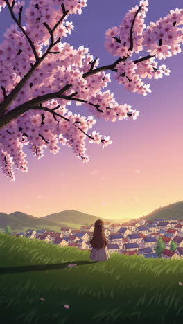 a girl looking over a peaceful village during a spring sunset with cherry blossoms