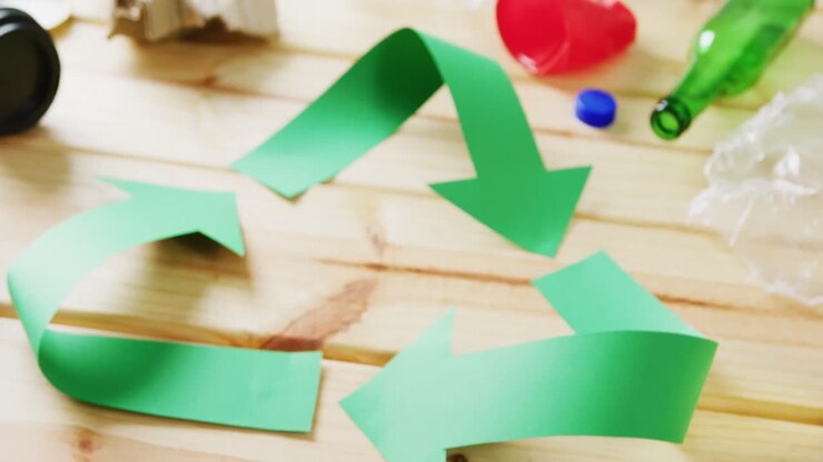 Close up of trash and recycling symbol of green paper arrows on wooden background