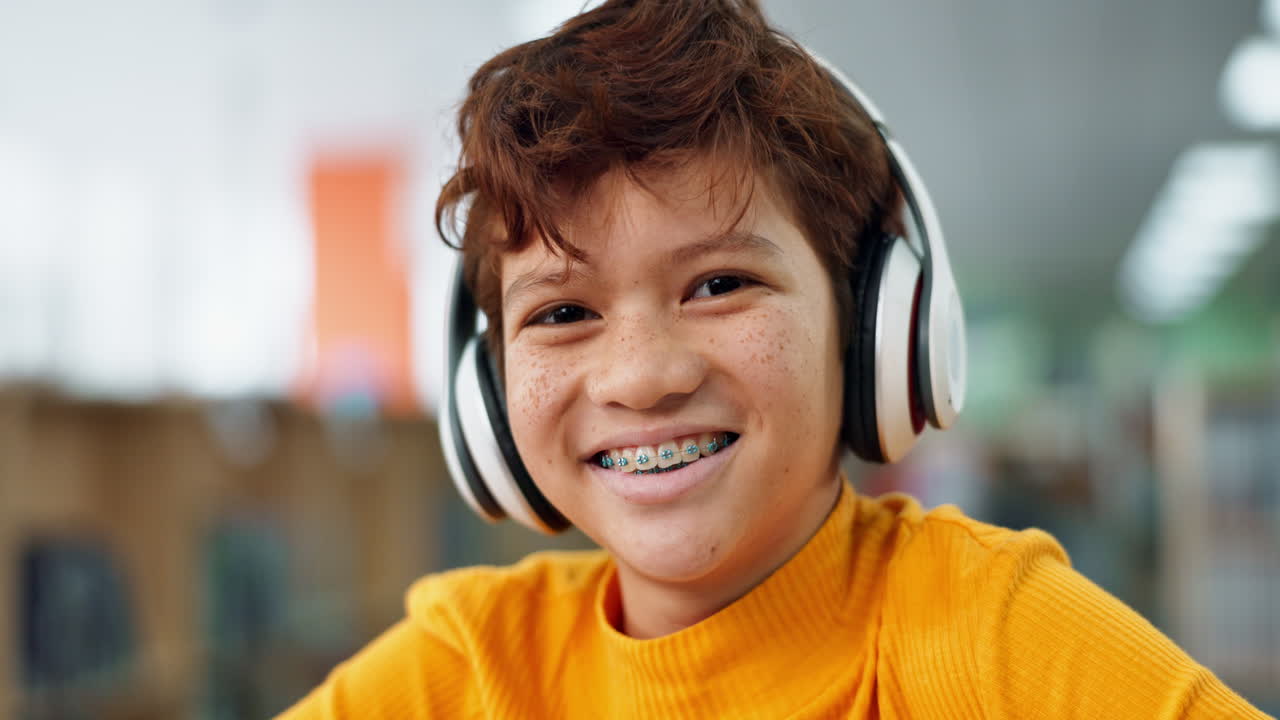 Boy with braces wearing headphones